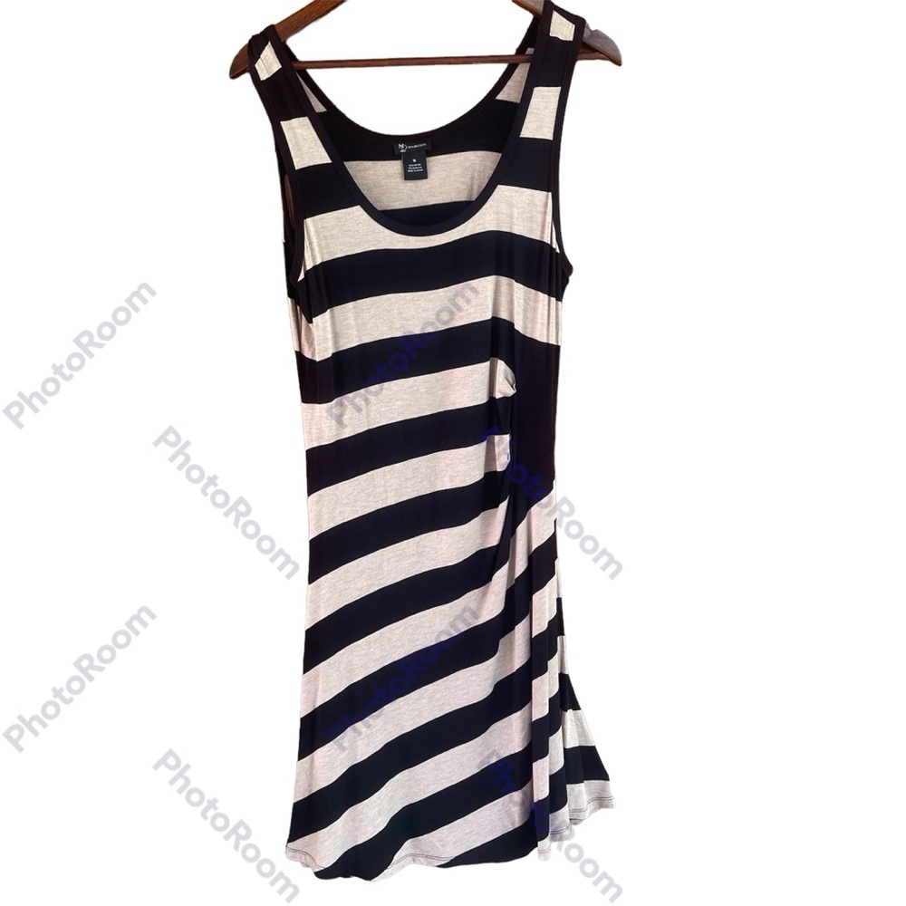 New Directions Black - Beige Striped Tank Dress, SZ 14, Knee Length, Ruched Side
